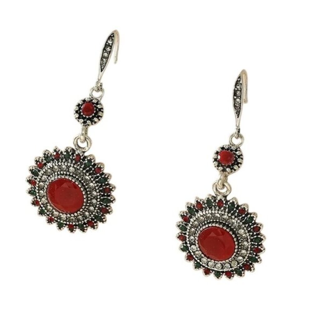 2/$24 Vintage-Style Red Gemstone Dangling Earrings With Silver-Tone Sunflower